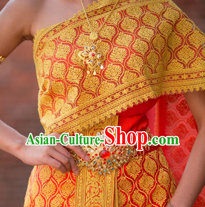 Traditional Thailand Court Princess Yellow Dress Uniforms Asian Thai Folk Dance Clothing