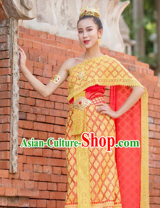 Traditional Thailand Court Princess Yellow Dress Uniforms Asian Thai Folk Dance Clothing