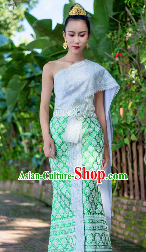 Traditional Thailand Court Princess White Blouse and Green Skirt Uniforms Asian Thai Folk Dance Dress Clothing