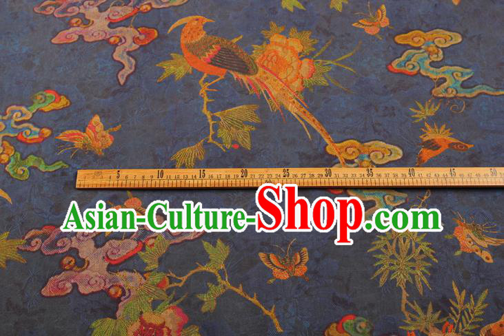 China Classical Cheongsam Birds Pattern Brocade Traditional Silk Fabric Blue Gambiered Guangdong Gauze