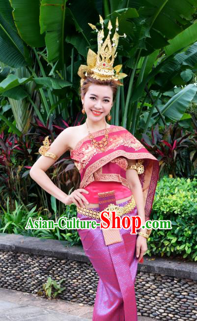 Asian Thai Court Princess Dress Clothing Traditional Thailand Performance Wine Red Blouse and Purple Skirt Uniforms