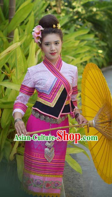 China Yunnan Ethnic Dance Pink Blouse and Rosy Skirt Uniforms Dai Nationality Young Female Clothing