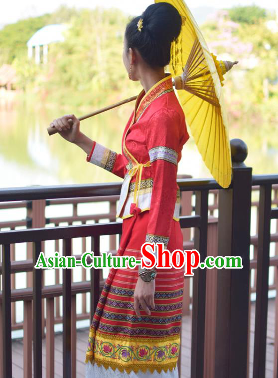China Yunnan Ethnic Wedding Red Blouse and Skirt Uniforms Dai Nationality Bride Clothing