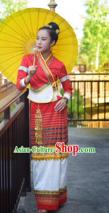 China Yunnan Ethnic Wedding Red Blouse and Skirt Uniforms Dai Nationality Bride Clothing