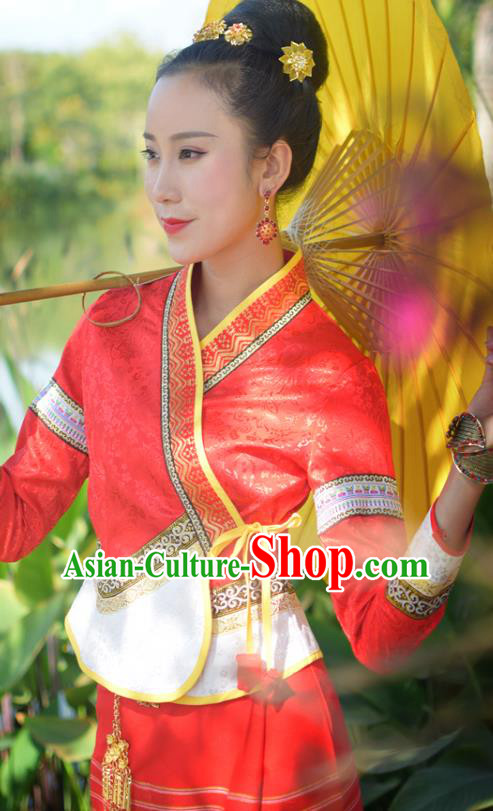 China Yunnan Ethnic Wedding Red Blouse and Skirt Uniforms Dai Nationality Bride Clothing