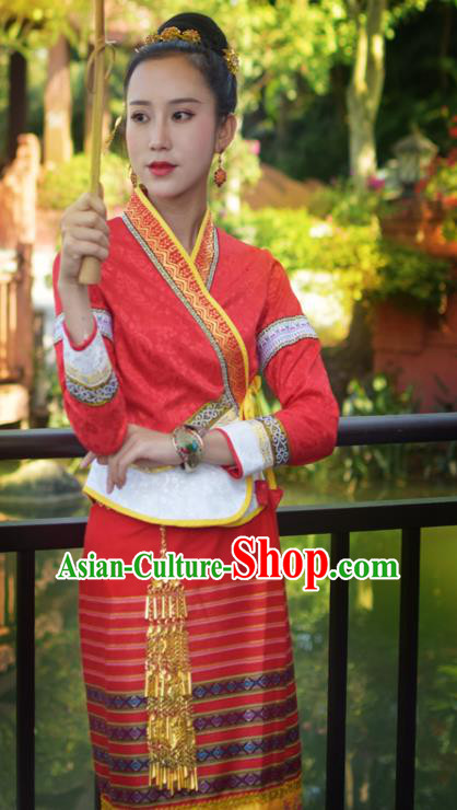 China Yunnan Ethnic Wedding Red Blouse and Skirt Uniforms Dai Nationality Bride Clothing