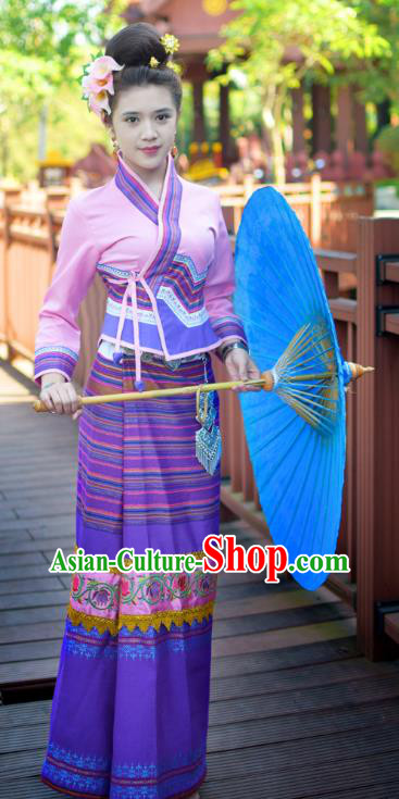 China Yunnan Ethnic Dance Pink Blouse and Purple Skirt Uniforms Dai Nationality Stage Show Clothing