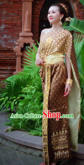 Asian Thai Court Woman Dress Clothing Traditional Thailand Imperial Concubine Wedding Top and Brown Skirt Uniforms