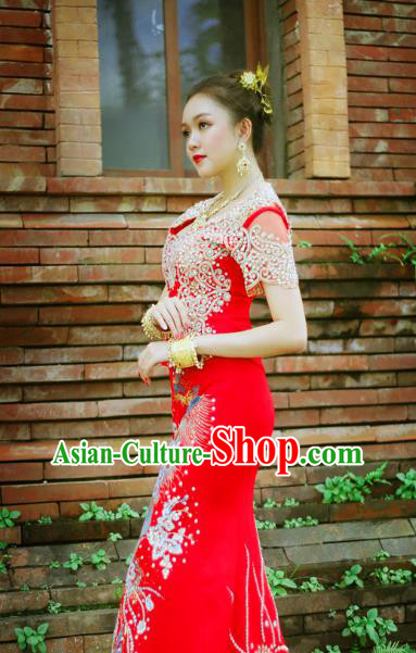 Asian Thai Bride Dress Clothing Traditional Thailand Wedding Embroidery Red Blouse and Skirt Uniforms