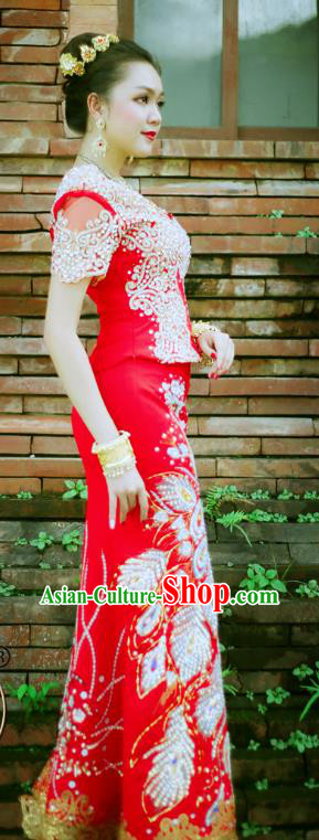 Asian Thai Bride Dress Clothing Traditional Thailand Wedding Embroidery Red Blouse and Skirt Uniforms