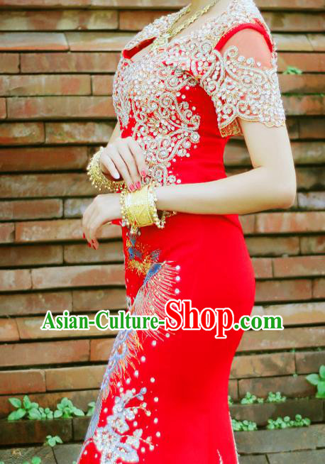Asian Thai Bride Dress Clothing Traditional Thailand Wedding Embroidery Red Blouse and Skirt Uniforms
