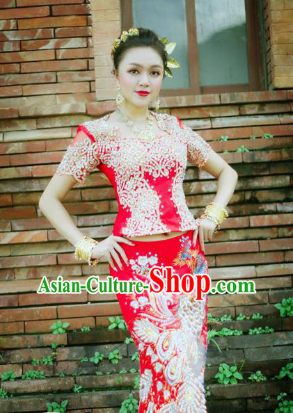 Asian Thai Bride Dress Clothing Traditional Thailand Wedding Embroidery Red Blouse and Skirt Uniforms