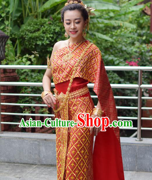 Asian Thai Wedding Uniforms Traditional Thailand Red Blouse and Skirt Bride Dress Clothing