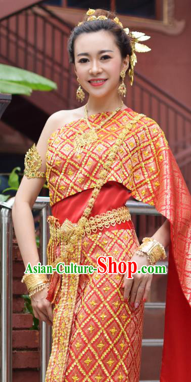Asian Thai Wedding Uniforms Traditional Thailand Red Blouse and Skirt Bride Dress Clothing