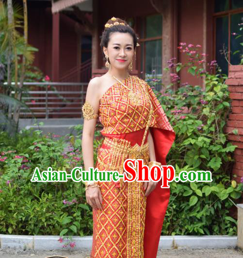 Asian Thai Wedding Uniforms Traditional Thailand Red Blouse and Skirt Bride Dress Clothing