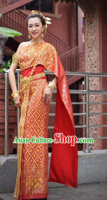 Asian Thai Wedding Uniforms Traditional Thailand Red Blouse and Skirt Bride Dress Clothing