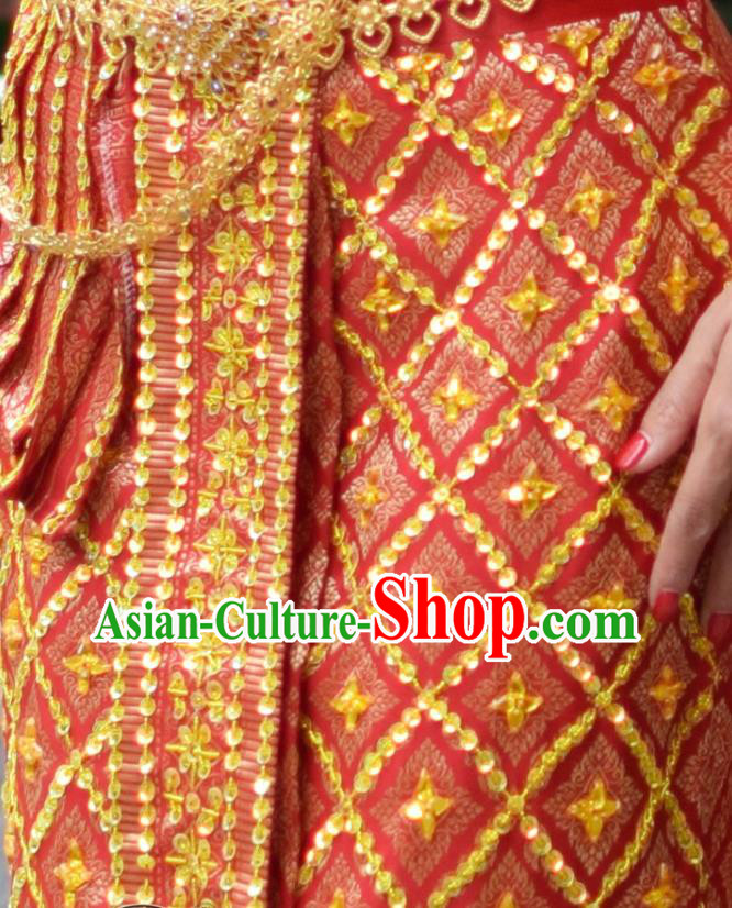 Asian Thai Wedding Uniforms Traditional Thailand Red Blouse and Skirt Bride Dress Clothing
