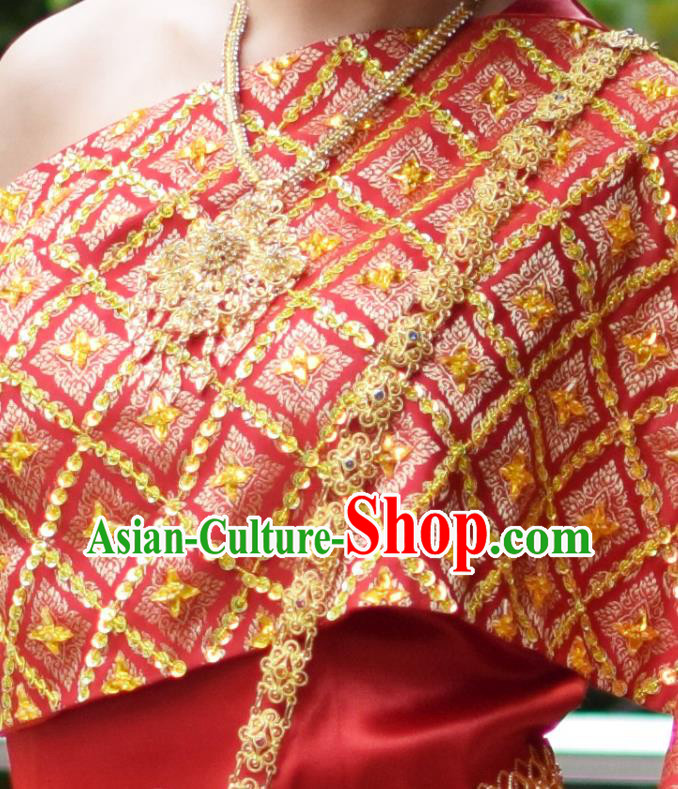 Asian Thai Wedding Uniforms Traditional Thailand Red Blouse and Skirt Bride Dress Clothing