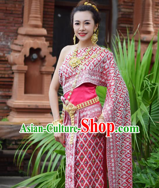 Traditional Thailand Rosy Blouse and Skirt Bride Dress Clothing Asian Thai Wedding Uniforms