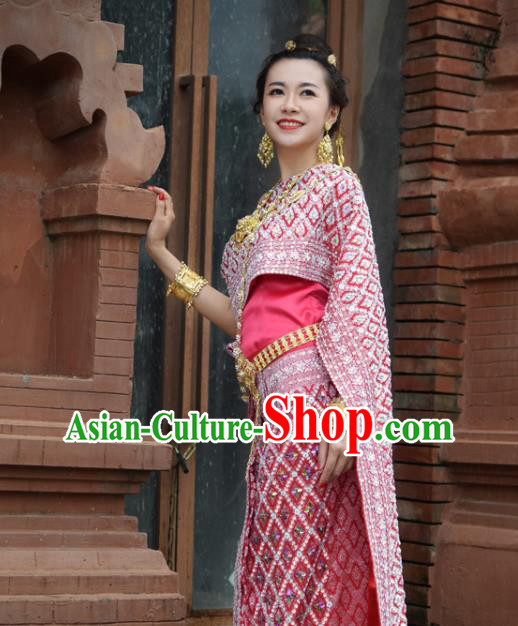 Traditional Thailand Rosy Blouse and Skirt Bride Dress Clothing Asian Thai Wedding Uniforms