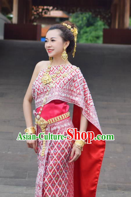 Traditional Thailand Rosy Blouse and Skirt Bride Dress Clothing Asian Thai Wedding Uniforms