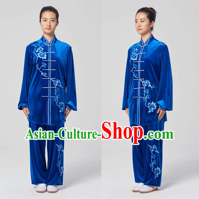 China Tai Chi Kung Fu Costumes Traditional Martial Arts Embroidered Royalblue Velvet Uniforms