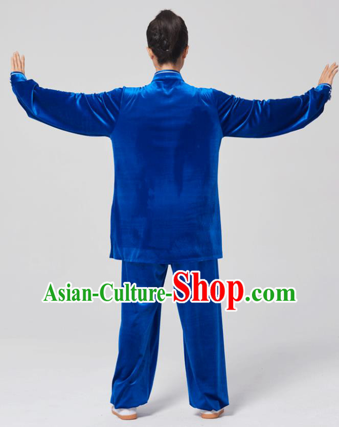 China Tai Chi Kung Fu Costumes Traditional Martial Arts Embroidered Royalblue Velvet Uniforms