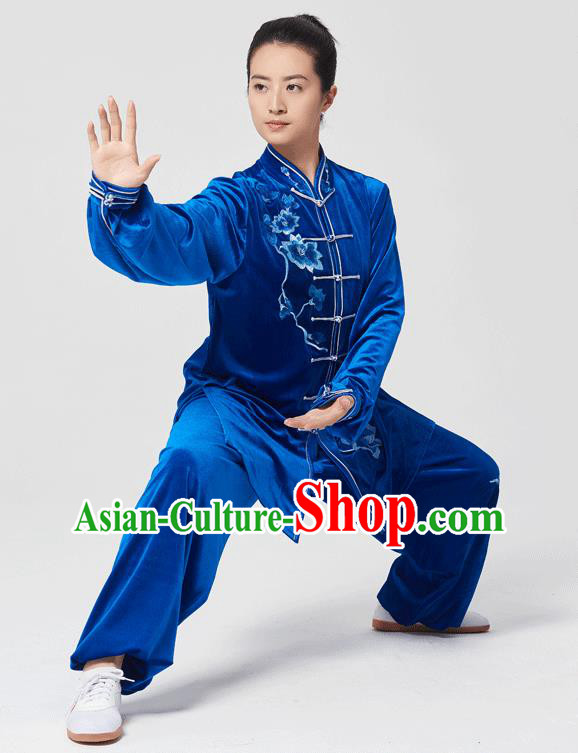 China Tai Chi Kung Fu Costumes Traditional Martial Arts Embroidered Royalblue Velvet Uniforms