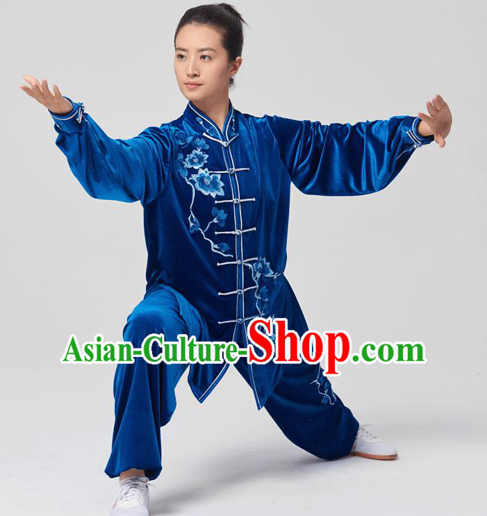 China Tai Chi Kung Fu Costumes Traditional Martial Arts Embroidered Royalblue Velvet Uniforms