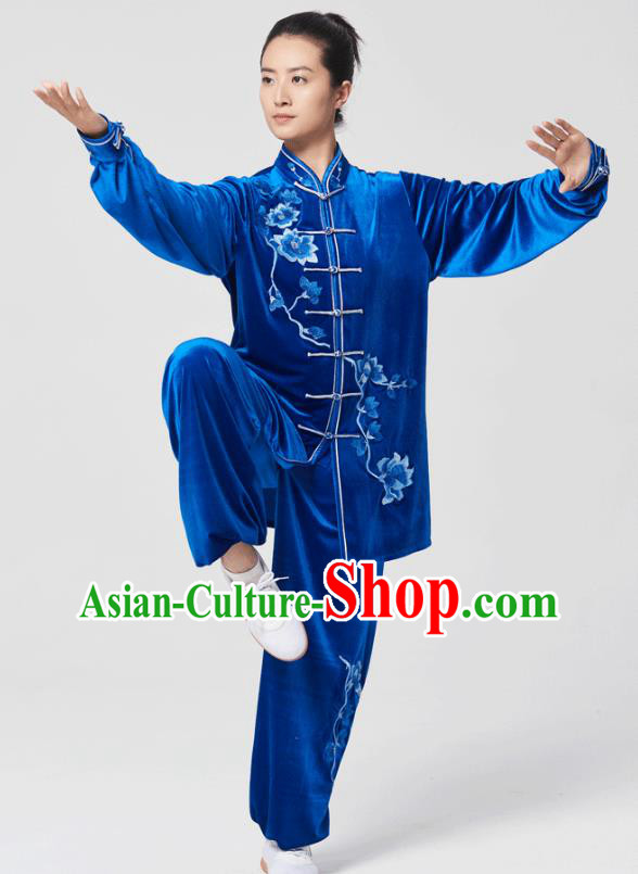 China Tai Chi Kung Fu Costumes Traditional Martial Arts Embroidered Royalblue Velvet Uniforms