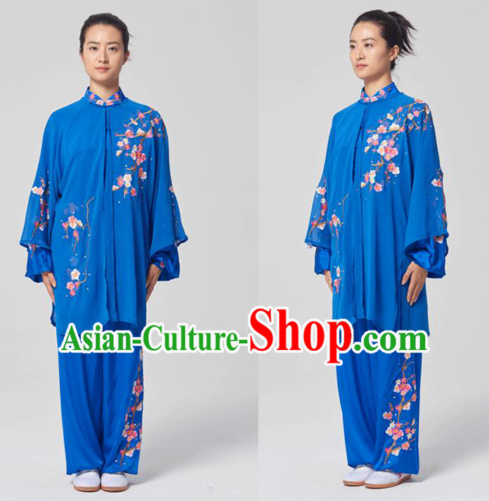 China Tai Chi Three Pieces Costumes Traditional Kung Fu Embroidered Royalblue Uniforms