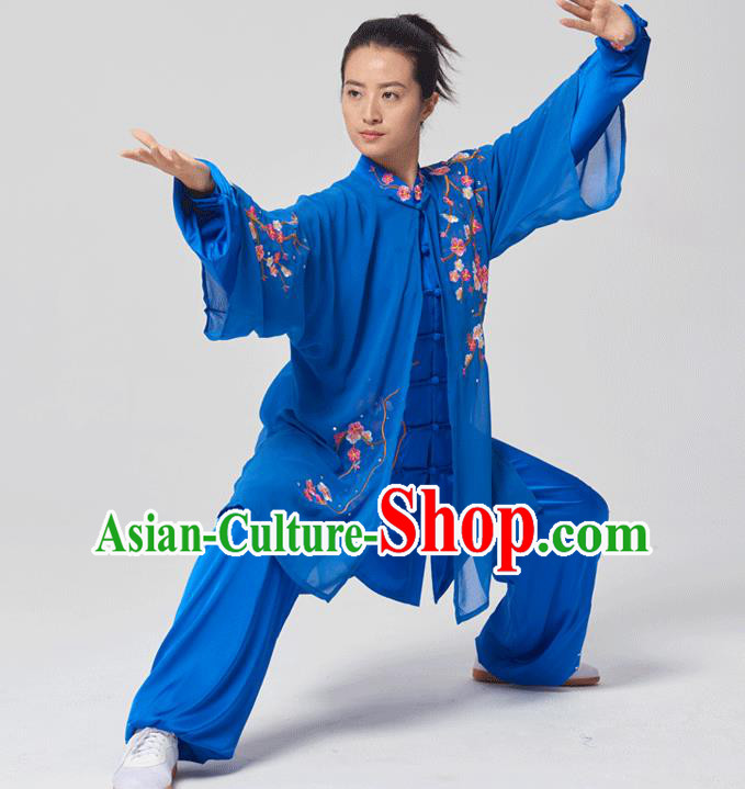 China Tai Chi Three Pieces Costumes Traditional Kung Fu Embroidered Royalblue Uniforms