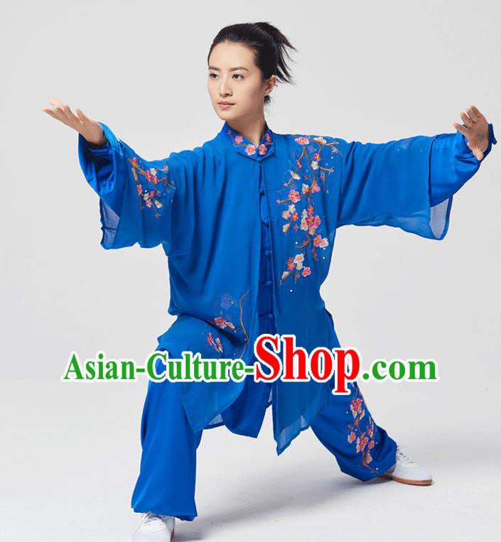 China Tai Chi Three Pieces Costumes Traditional Kung Fu Embroidered Royalblue Uniforms