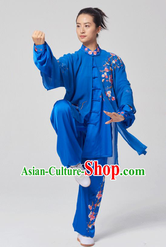 China Tai Chi Three Pieces Costumes Traditional Kung Fu Embroidered Royalblue Uniforms