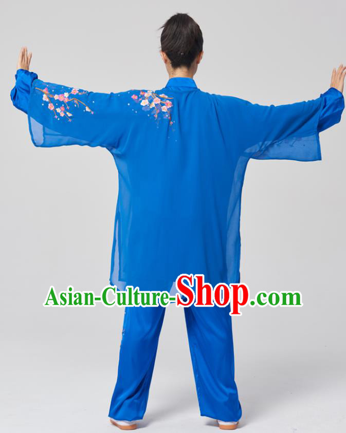 China Tai Chi Three Pieces Costumes Traditional Kung Fu Embroidered Royalblue Uniforms