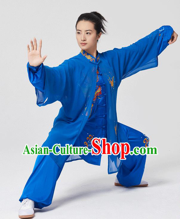China Traditional Kung Fu Embroidered Phoenix Royalblue Uniforms Tai Chi Three Pieces Costumes