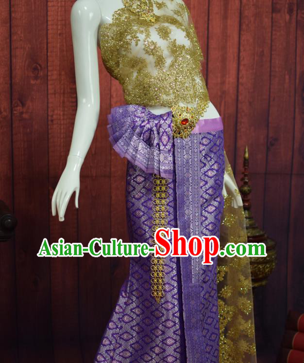Traditional Thailand Bride Dress Clothing Asian Thai Wedding Uniforms Blouse and Purple Skirt