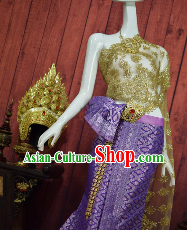 Traditional Thailand Bride Dress Clothing Asian Thai Wedding Uniforms Blouse and Purple Skirt