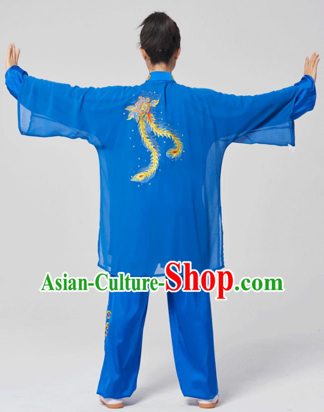 China Traditional Kung Fu Embroidered Phoenix Royalblue Uniforms Tai Chi Three Pieces Costumes