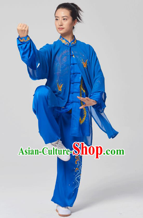 China Traditional Kung Fu Embroidered Phoenix Royalblue Uniforms Tai Chi Three Pieces Costumes