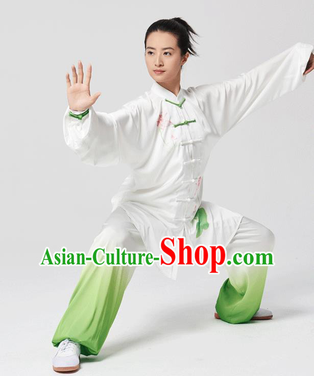 China Traditional Kung Fu Performance Uniforms Tai Chi Hand Painting Lotus White Costumes