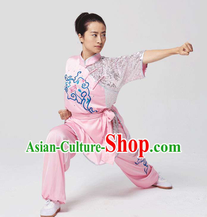 China Traditional Kung Fu Competition Pink Uniforms Tai Chi Martial Arts Costumes