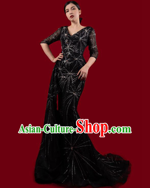 Top Grade Modern Dance Black Drilling Dress Stage Performance Costume Trailing Full Dress
