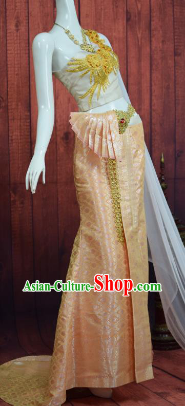 Asian Thai Wedding Bride Uniforms Embroidery White Blouse and Champagne Skirt Traditional Thailand Court Dress Clothing
