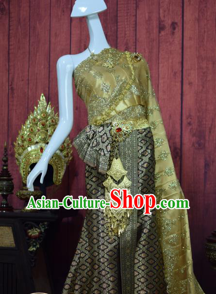 Asian Thai Wedding Bride Uniforms Traditional Thailand Embroidery Golden Blouse and Grey Skirt Court Dress Clothing