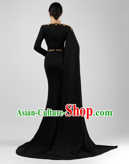 Top Grade Catwalks Embroidered Black Slim Dress Stage Show Compere Clothing Annual Meeting Trailing Full Dress