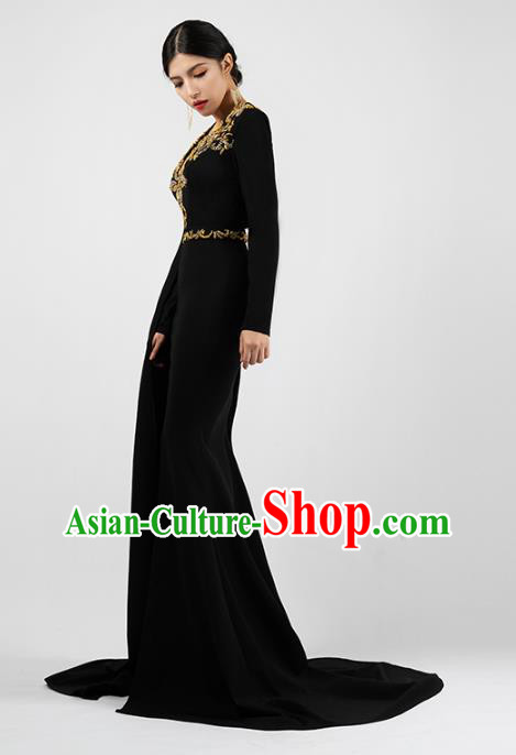 Top Grade Catwalks Embroidered Black Slim Dress Stage Show Compere Clothing Annual Meeting Trailing Full Dress