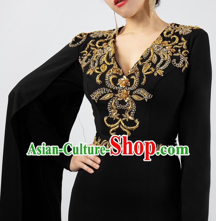 Top Grade Catwalks Embroidered Black Slim Dress Stage Show Compere Clothing Annual Meeting Trailing Full Dress