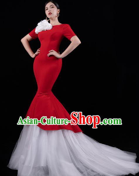 Top Grade Stage Show Compere Clothing Annual Meeting Red Full Dress Catwalks White Veil Trailing Dress