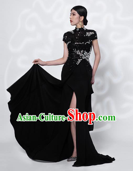 Chinese Stage Show Embroidery Beads Black Qipao Dress Catwalks Modern Cheongsam Costume